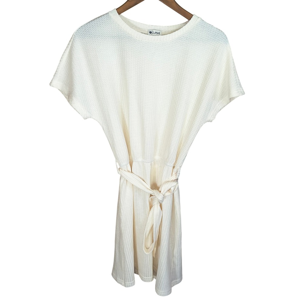 Cupshe Cream Waffle Knit Tie Waist Mini Dress Short Sleeve Casual Beach Boho‎